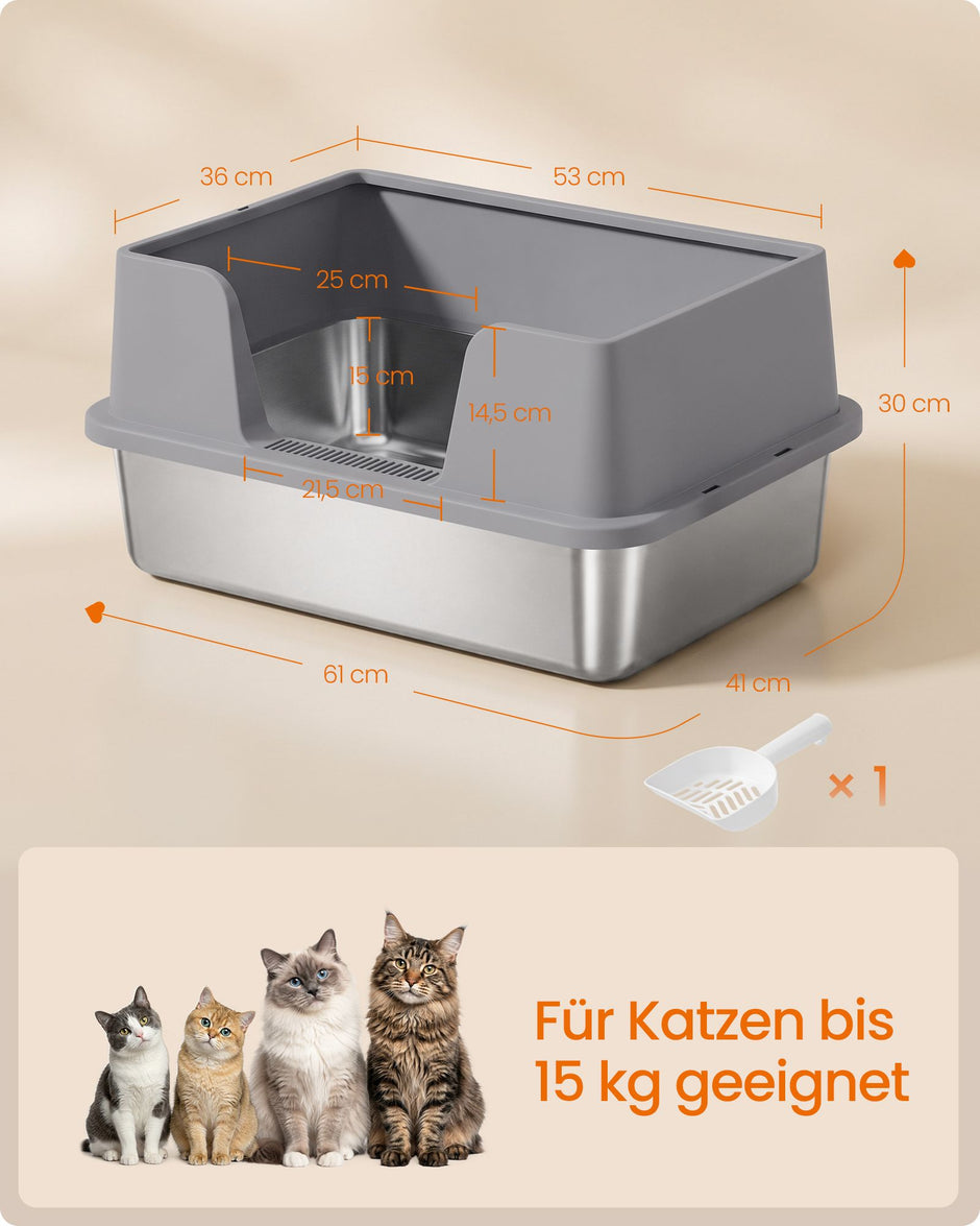 Kattenbak – Open – XXL – RVS – Hoge Rand en Lage Instap – Met Schepje – Duifgrijs