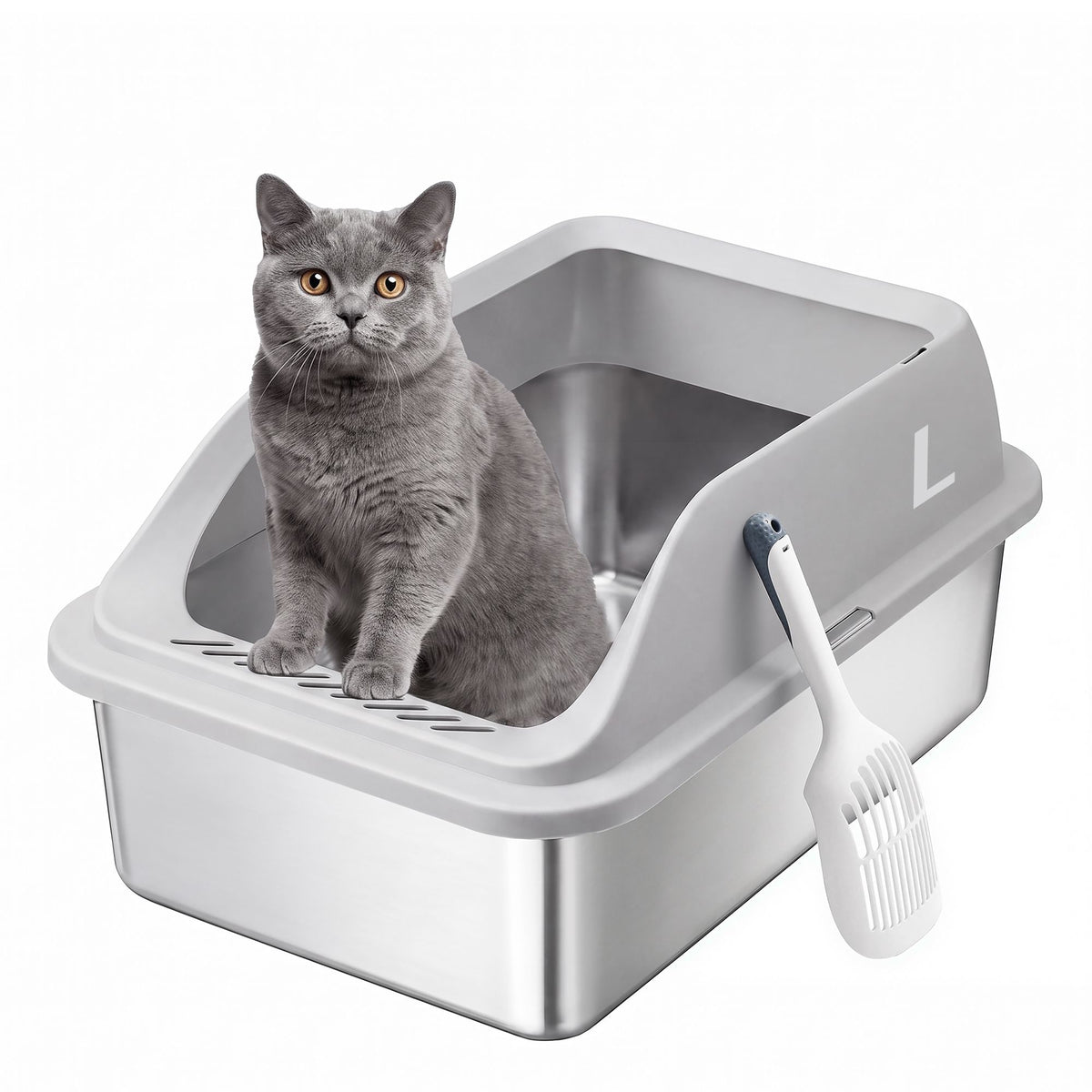 Kattenbak – Open – XXL – RVS – 26 L – Hoge Rand – Met Schepje – Lichtgrijs