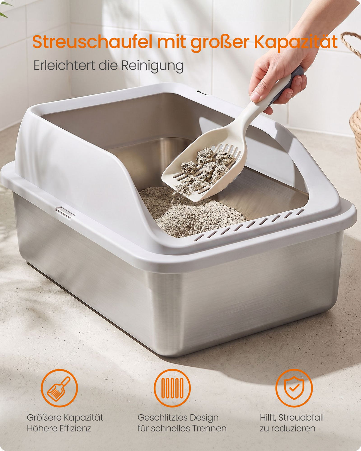Kattenbak – Open – XXL – RVS – 26 L – Hoge Rand – Met Schepje – Lichtgrijs