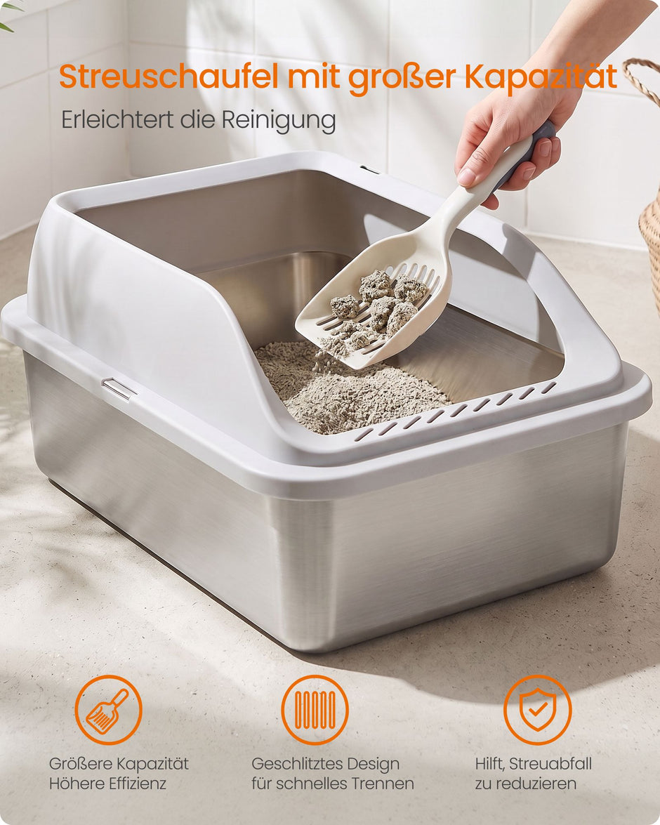 Kattenbak – Open – XXL – RVS – 26 L – Hoge Rand – Met Schepje – Lichtgrijs