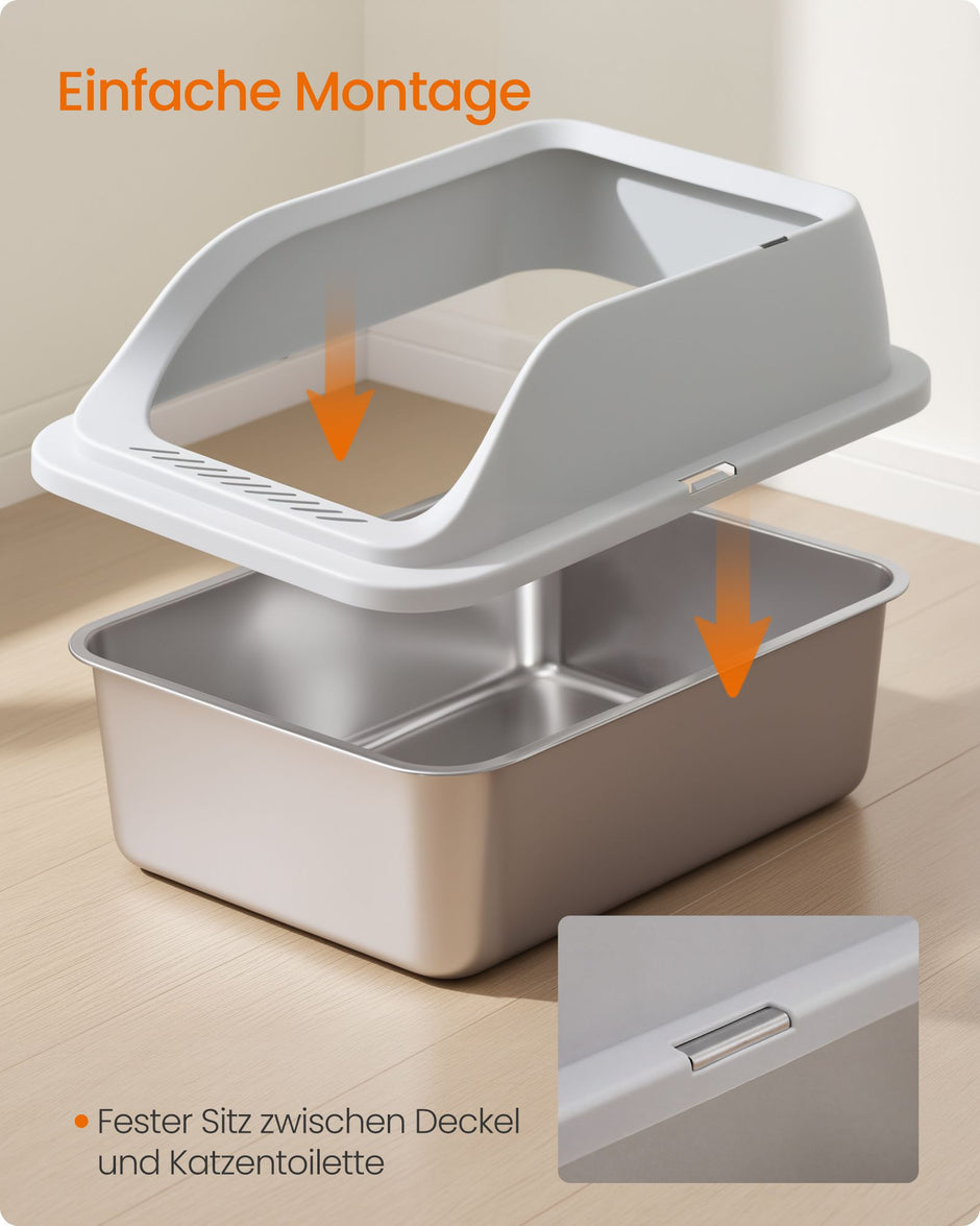 Kattenbak – Open – XXL – RVS – 26 L – Hoge Rand – Met Schepje – Lichtgrijs
