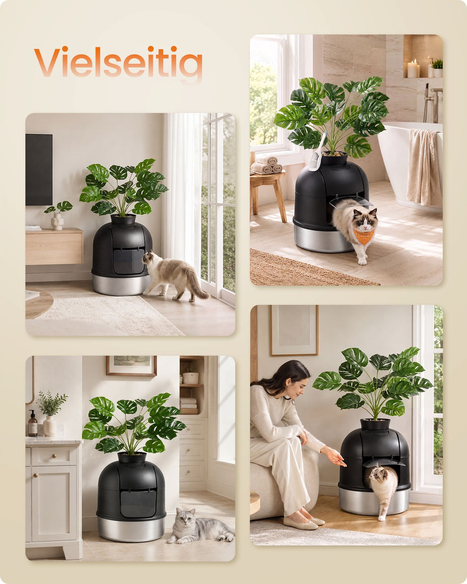 Kattenbak – Gesloten – XXL – RVS – Met Decoratieve Plant en Geurbeheersing – Inktzwart en Zilver