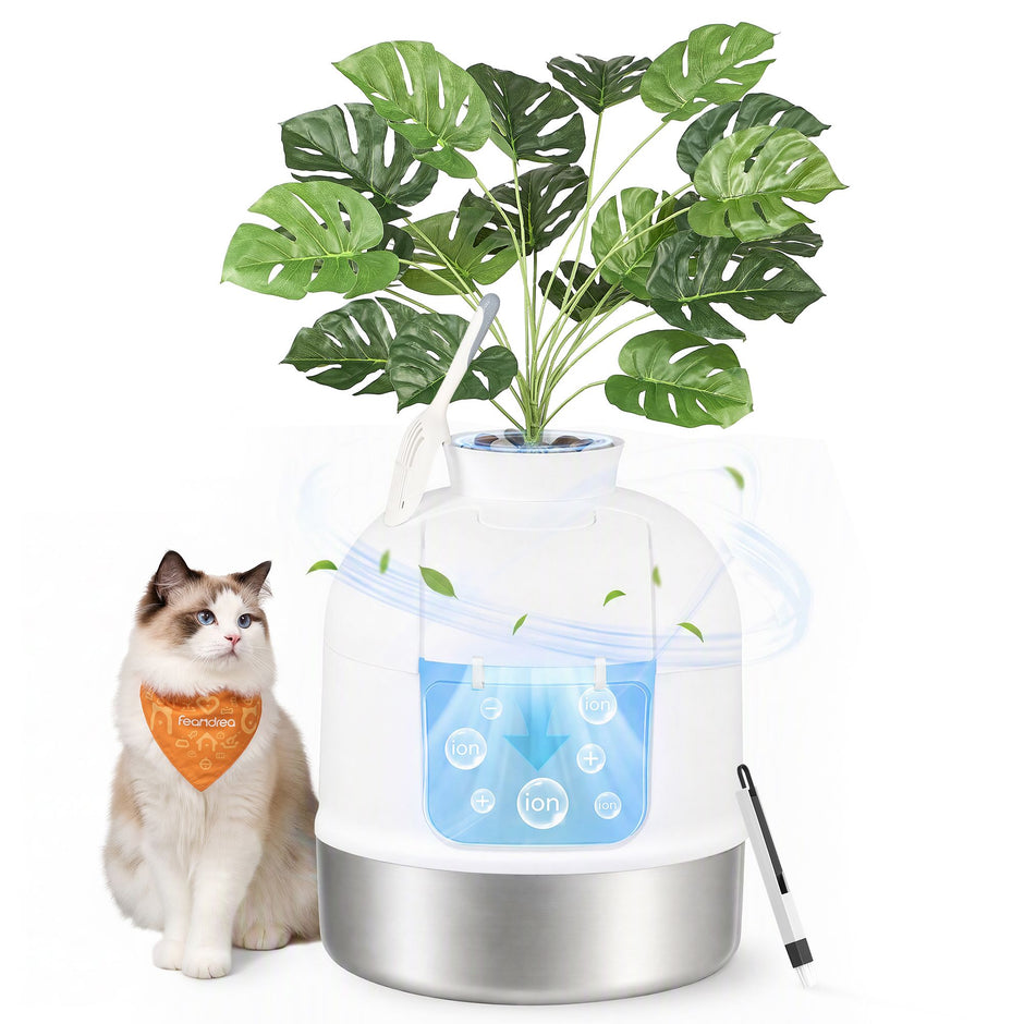 Kattenbak – Gesloten – XXL – RVS – Met Decoratieve Plant en Geurbeheersing – Wolkenwit en Zilver