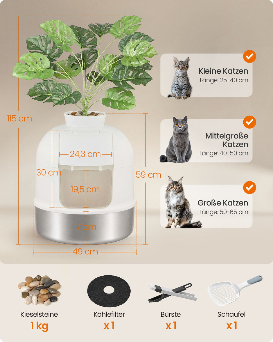 Kattenbak – Gesloten – XXL – RVS – Met Decoratieve Plant en Geurbeheersing – Wolkenwit en Zilver