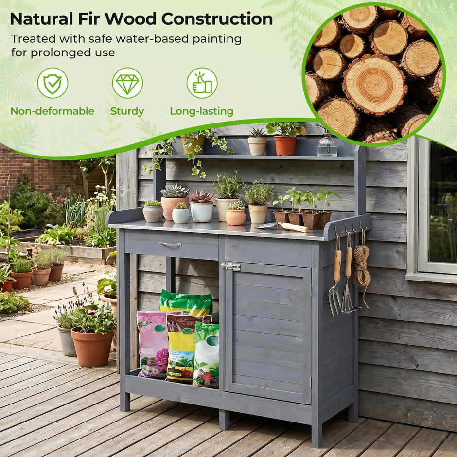 Planterbord – med rostfri plåt, trädgårdsarbetsbord låda, underskåp och hylla, cm, Grått – 112 x 46,5 x 125