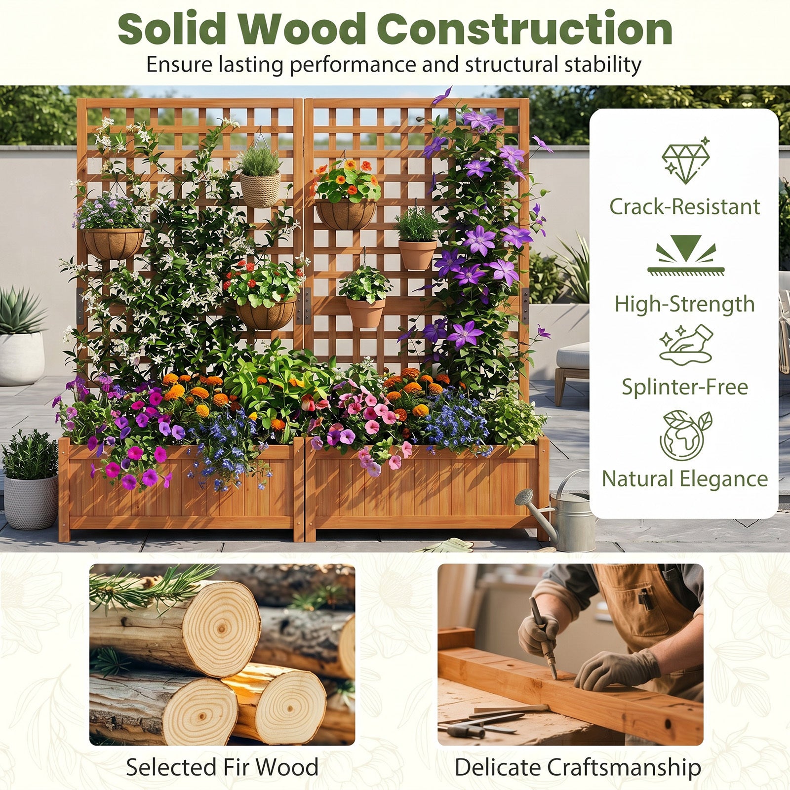 Planteringslåda – med klättergaller upphöjd planteringsbädd av massiv trä för blommor och klätterväxter – 76 x 32 x 143 cm – Orange