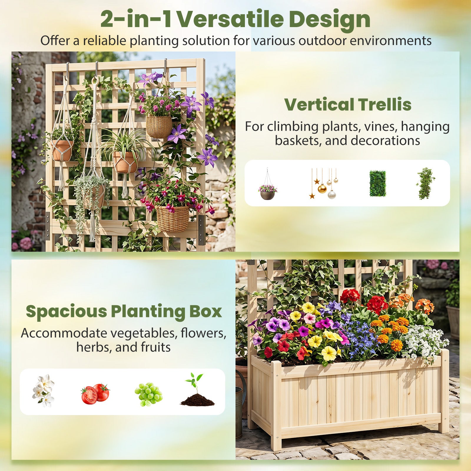 Planteringslåda – med klättergaller upphöjd planteringsbädd av massiv trä för blommor och klätterväxter blomsterbädd – 76 x 32 x 143 cm – Natur