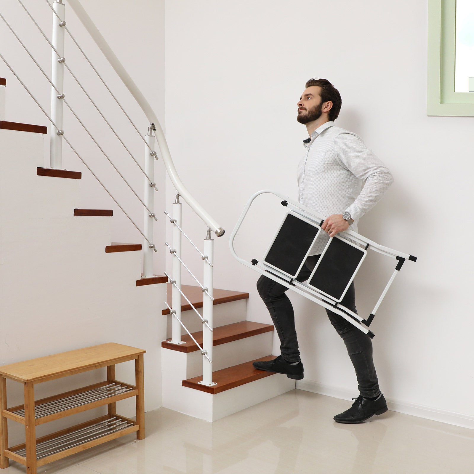 Trapladder - 2 treden - Opstapkruk - Metaal - Grijs