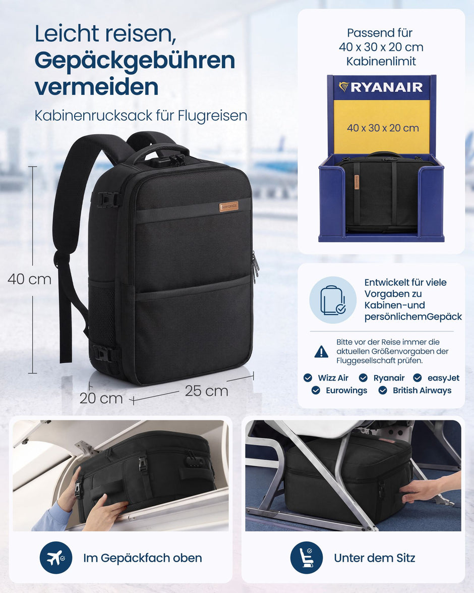 Handbagage Rugzak – 20 L – Laptopvak 14 Inch – Cijferslot – Zwart