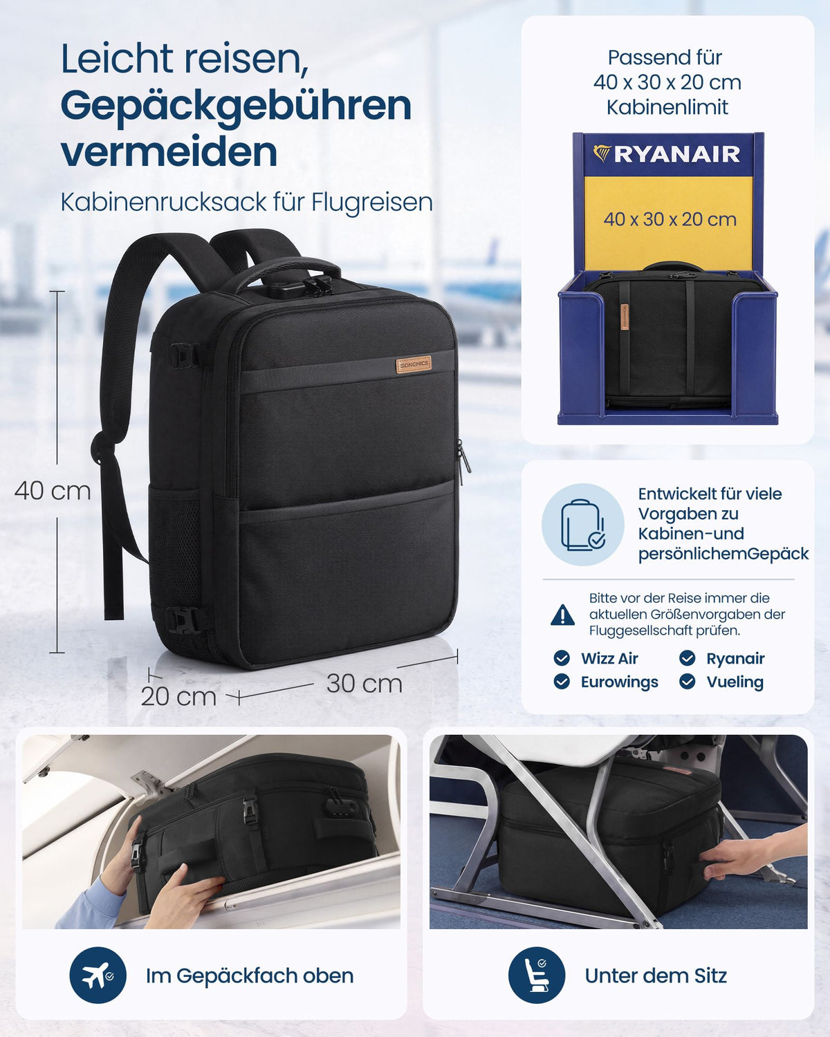 Handbagage Rugzak – 24 L – Laptopvak 17,3 Inch – Cijferslot – Zwart