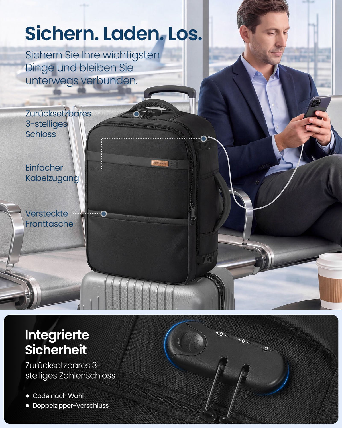 Handbagage Rugzak – 30 L – Laptopvak 15,6 Inch – Cijferslot – Zwart