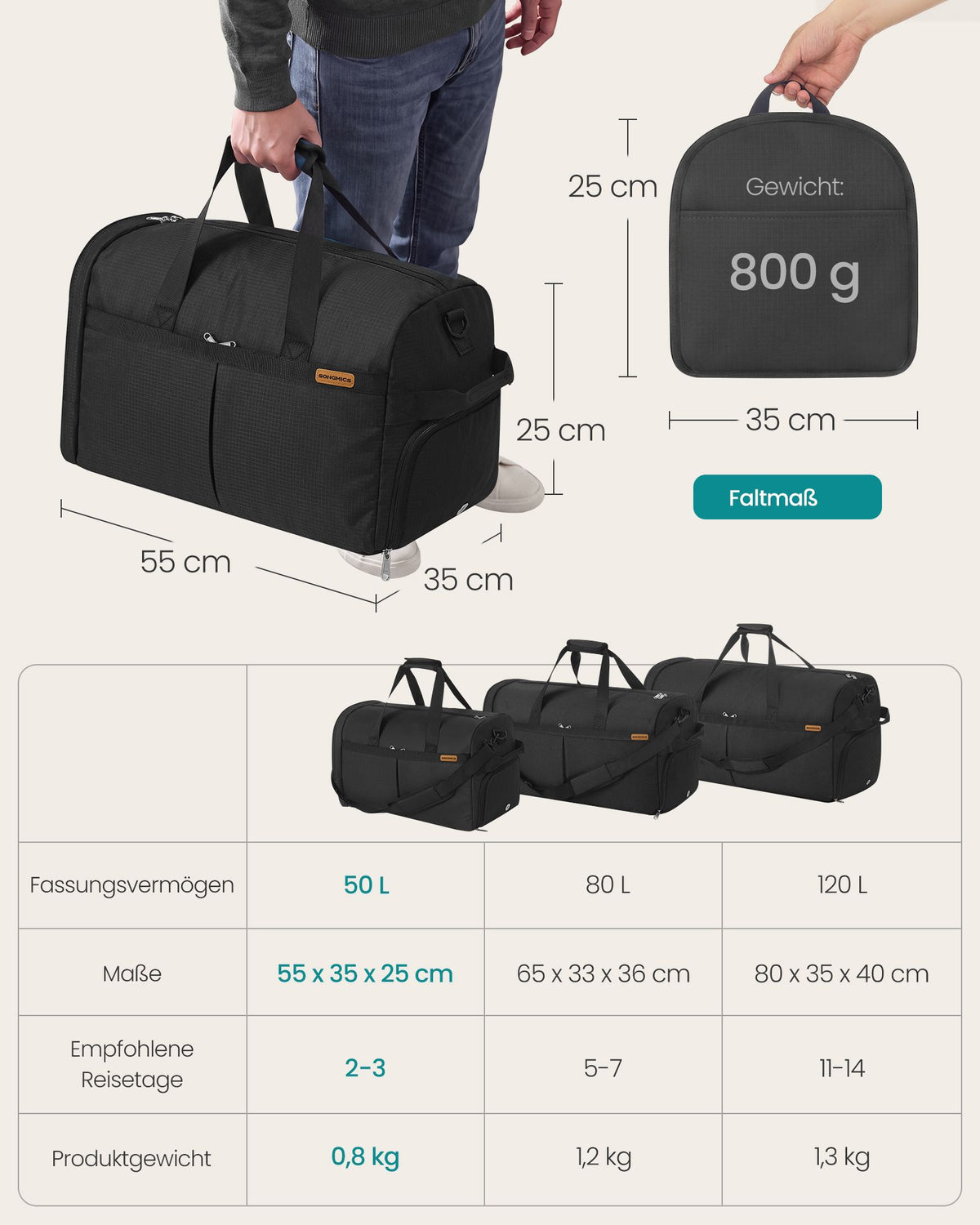 Opvouwbare Sporttas 50 L – Met Schoenenvak en Natvak – Weekendtas – Zwart