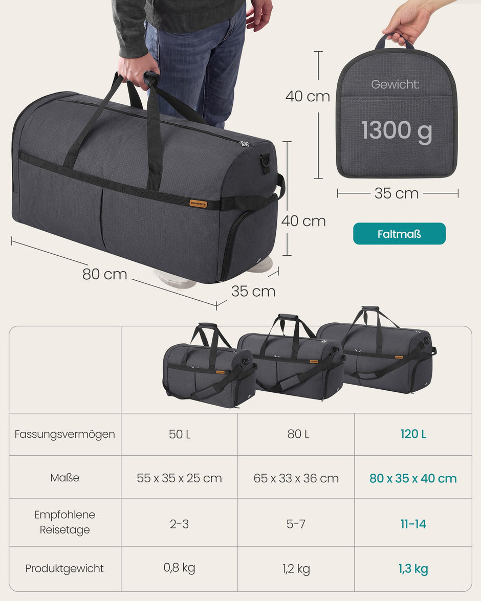 Opvouwbare Sporttas 120 L – Met Schoenenvak en Natvak – Weekendtas – Grijs