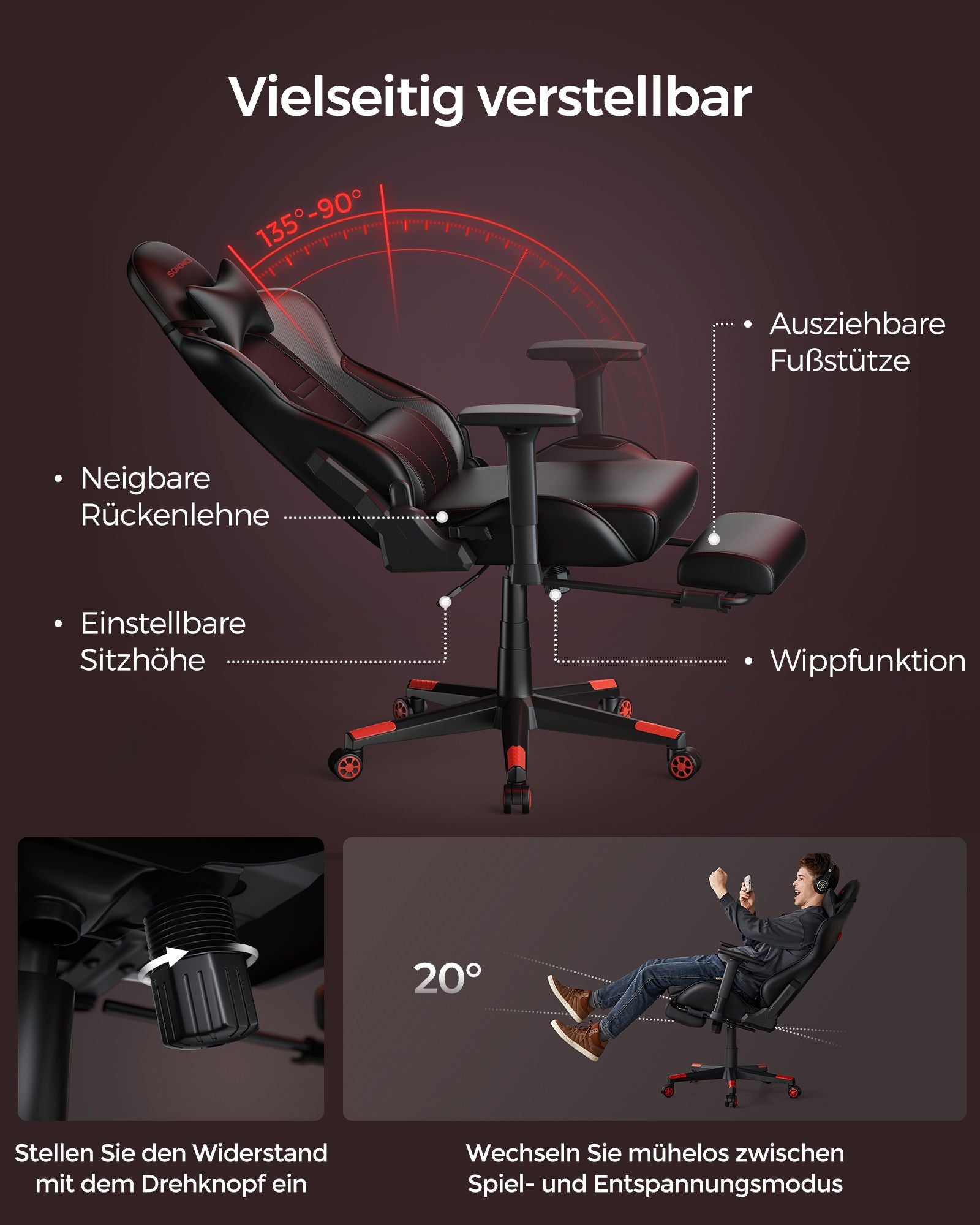 Bureaustoel – ergonomisch – met armleuningen & kussen – zwart-rood