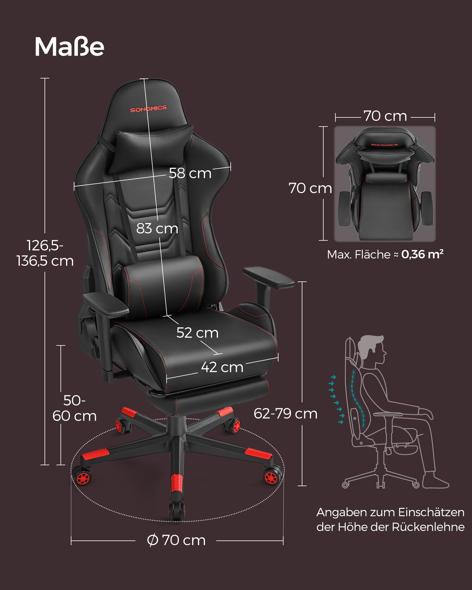 Bureaustoel – ergonomisch – met armleuningen & kussen – zwart-rood