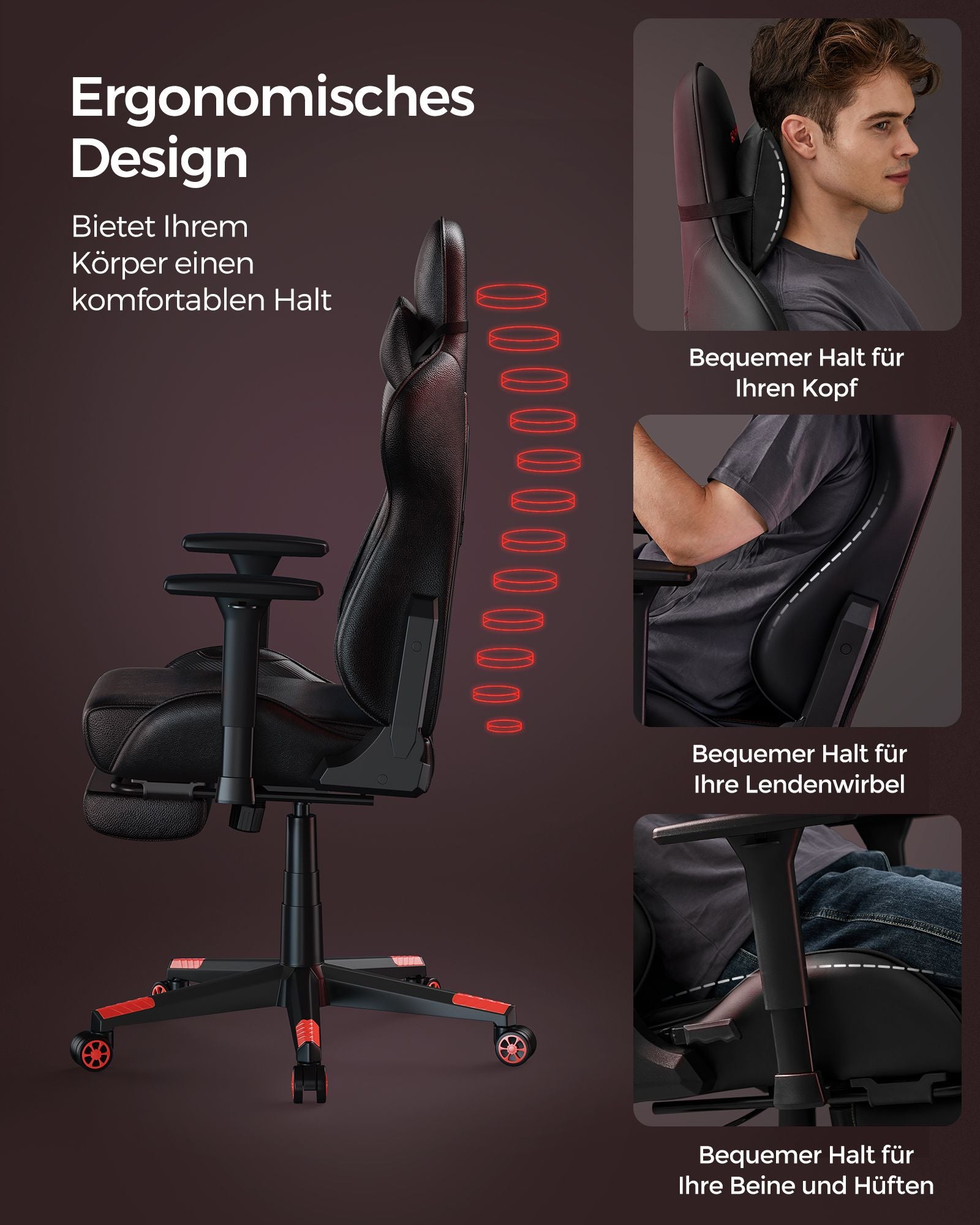 Bureaustoel – ergonomisch – met armleuningen & kussen – zwart-rood