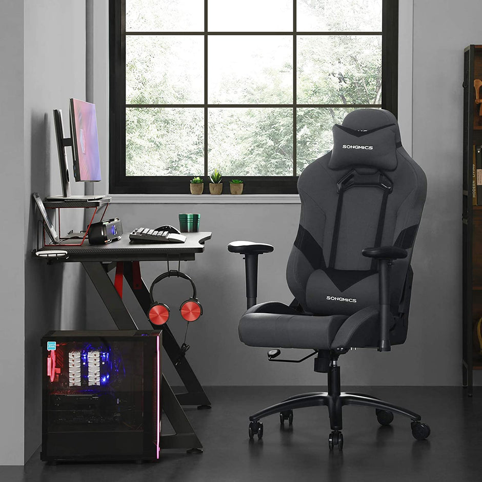 Ergonomische Gamestoel – Met lendenkussen – Verstelbare armleuningen – Grijs-zwart – tot 150 kg belastbaar
