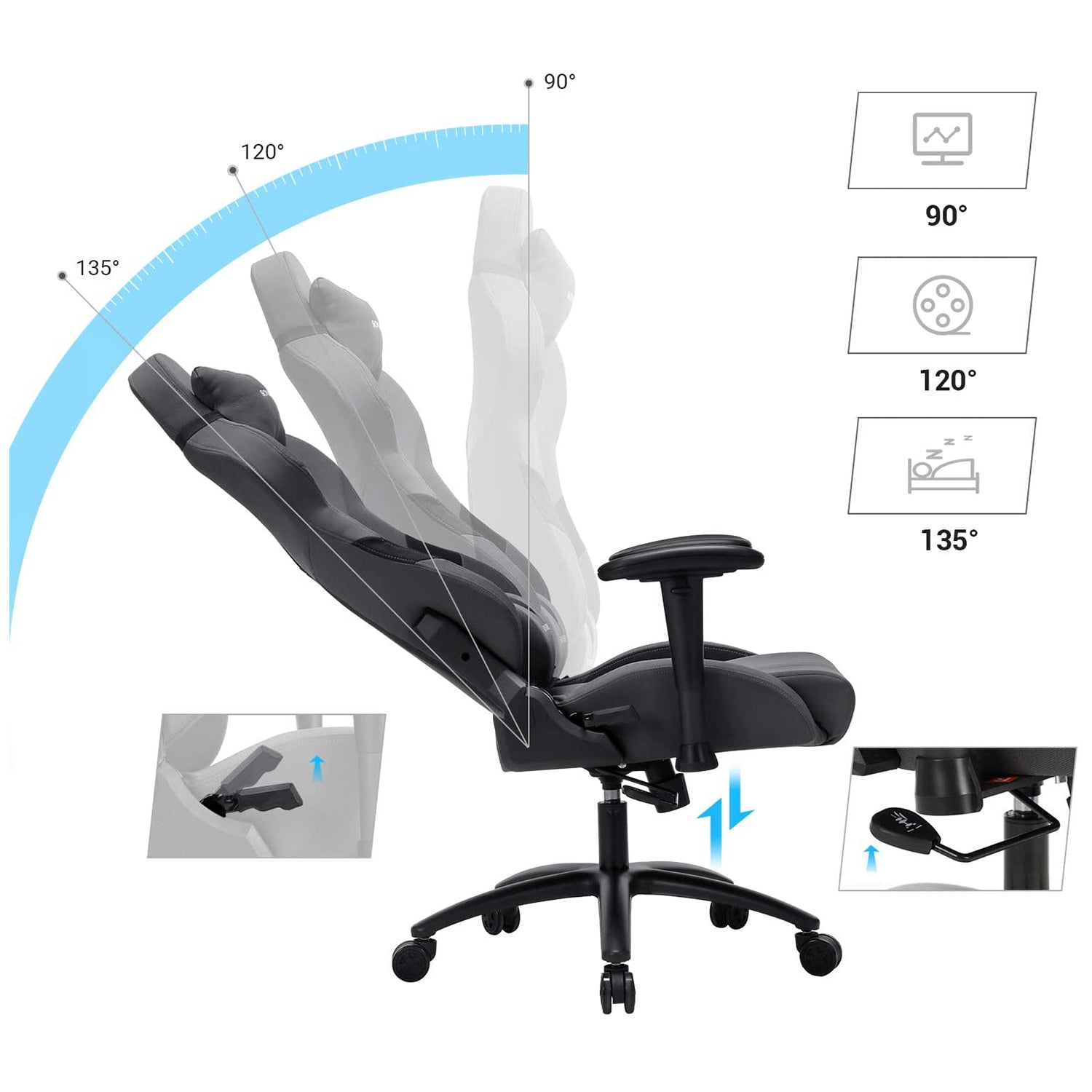 Ergonomische Gamestoel – Met lendenkussen – Verstelbare armleuningen – Grijs-zwart – tot 150 kg belastbaar