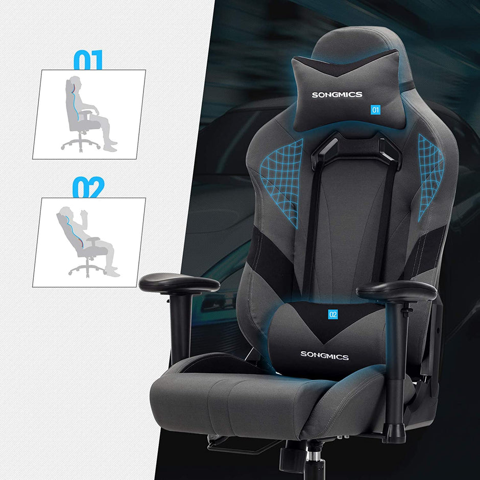 Ergonomische Gamestoel – Met lendenkussen – Verstelbare armleuningen – Grijs-zwart – tot 150 kg belastbaar