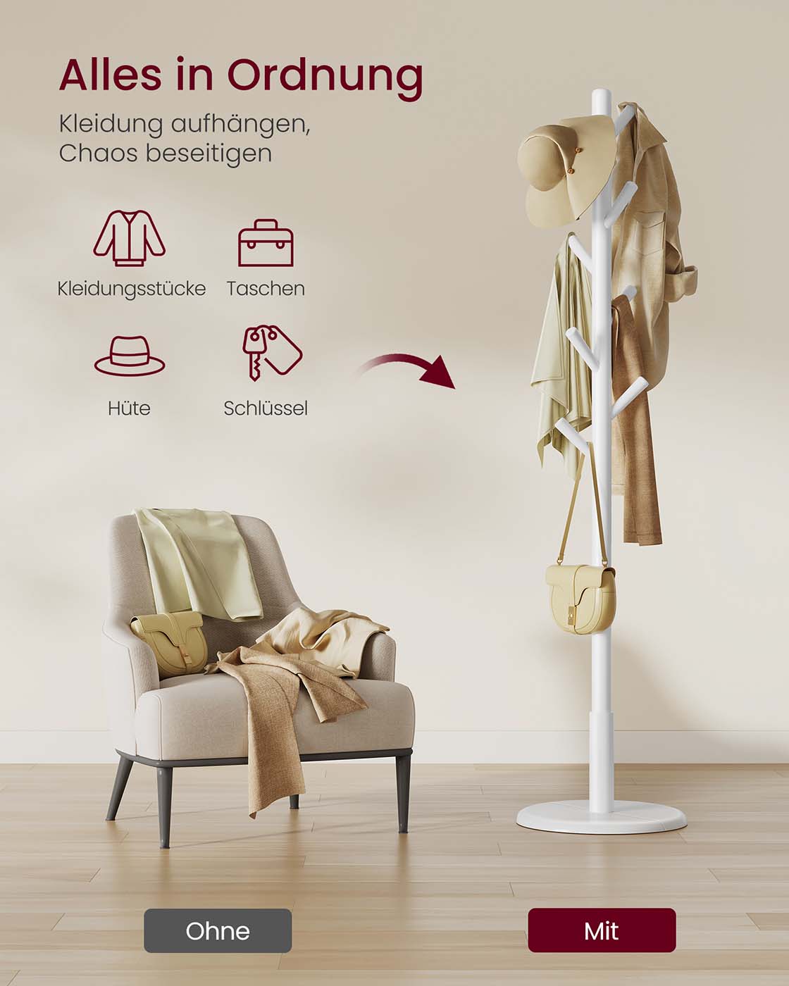 Kapstok – Boomvormig – 8 Haken van Massief Hout – Hal of Entree