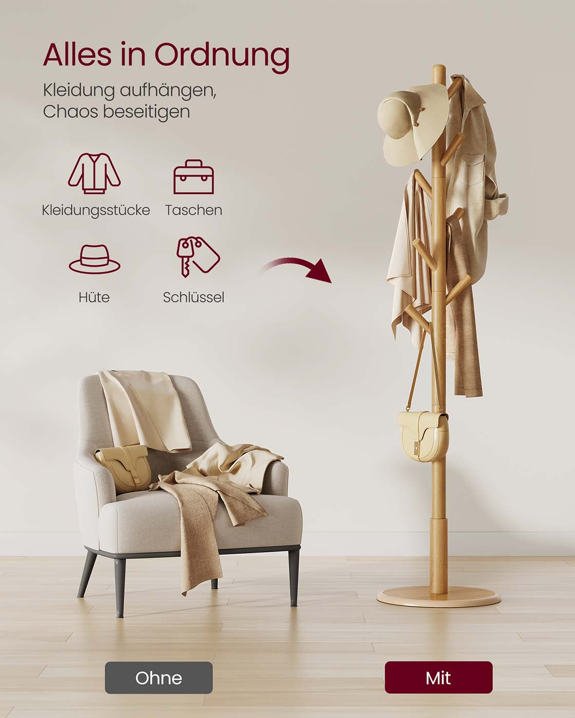 Kapstok – Boomvormig – 8 Haken van Massief Hout – Hal of Entree