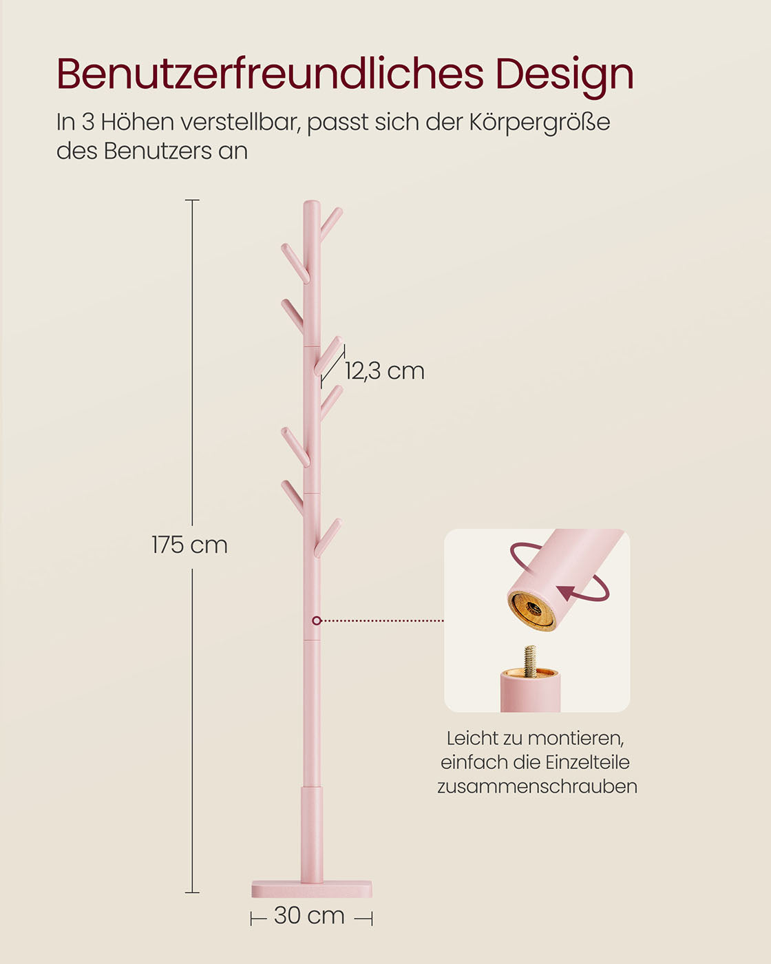 Kapstok – 8 haken – Massief hout – Pastelroze