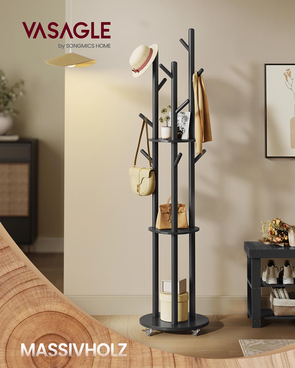 Kapstok – massief hout – haken en planken – Ink Black