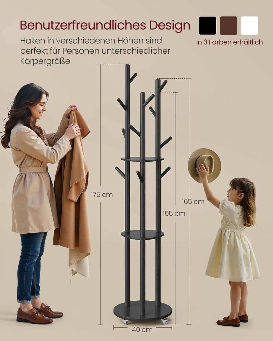 Kapstok – Massief hout – 11 haken en 3 planken – Inkt zwart – Verstelbare wielen