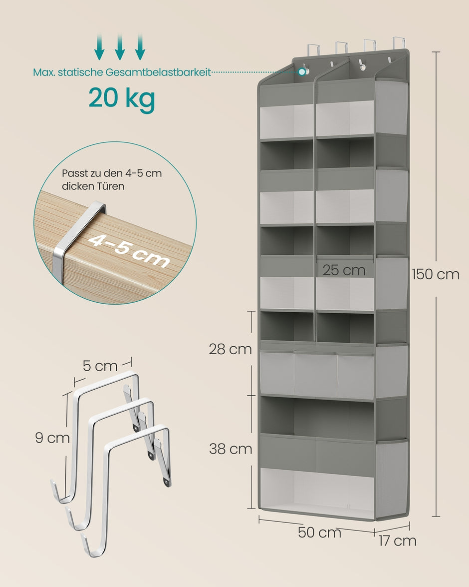 Deurorganizer - 17 x 50 x 150 cm - 9 vakken, 10 zijvakken - opvouwbaar - transparant - duifgrijs - maximaal 20 kg