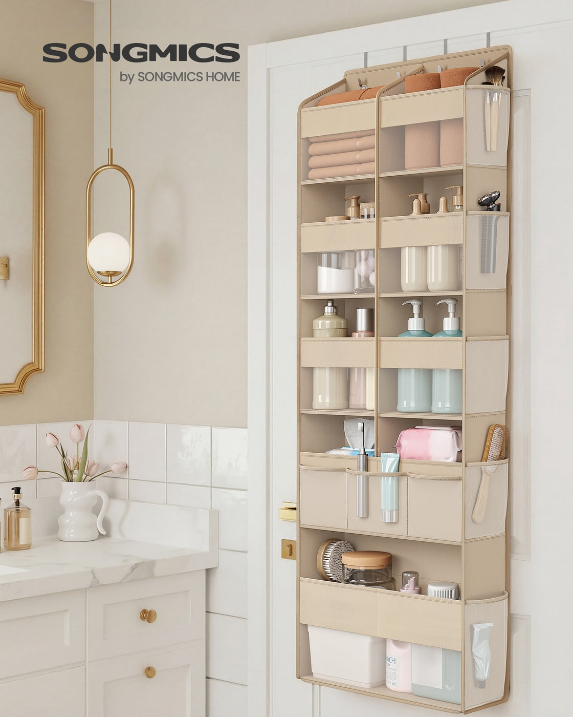 Deurorganizer - 17 x 50 x 150 cm - 9 vakken, 10 zijvakken, opvouwbaar - kleur: zandbeige - maximale belasting 20 kg