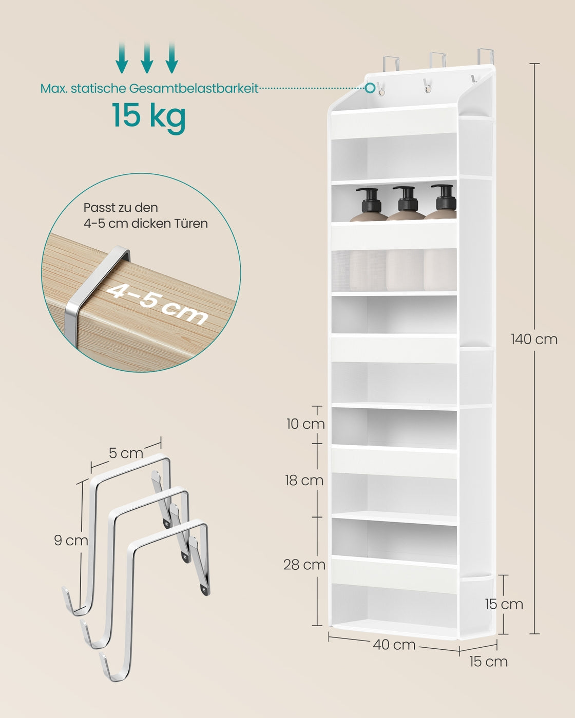 Deurorganizer - 15 x 40 x 140 cm - 5 vakken - opvouwbaar - transparant - wolkenwit - maximaal 15 kg