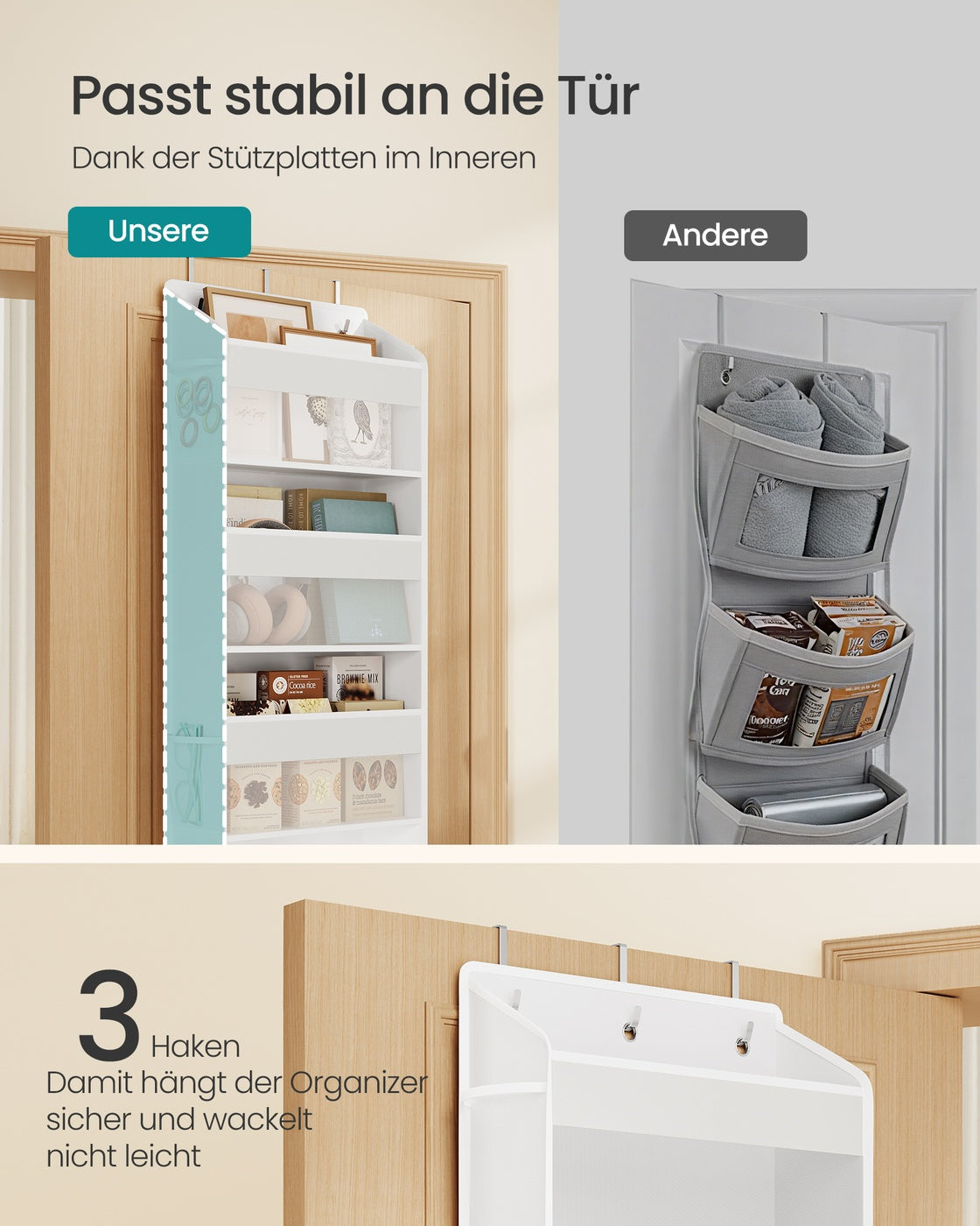 Deurorganizer - 15 x 40 x 140 cm - 5 vakken - opvouwbaar - transparant - wolkenwit - maximaal 15 kg