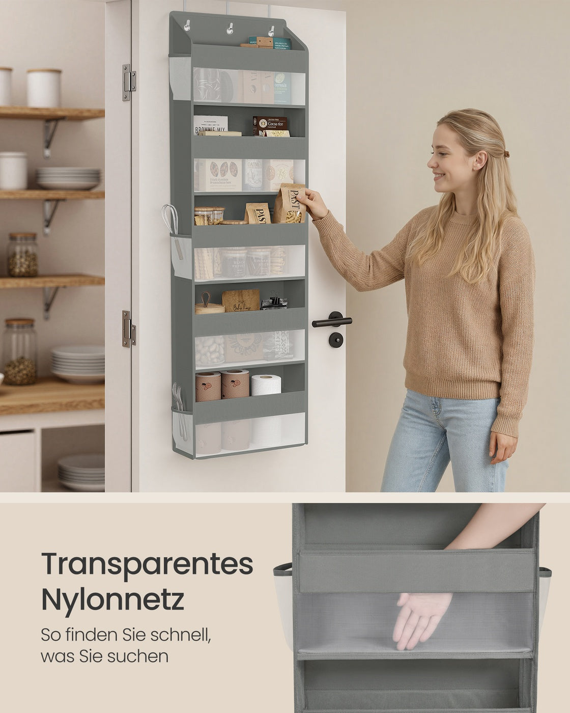 Deurorganizer - 15 x 40 x 140 cm - 5 vakken - opvouwbaar - transparant - duifgrijs - maximale belasting per plank 3 kg - totale belasting 15 kg