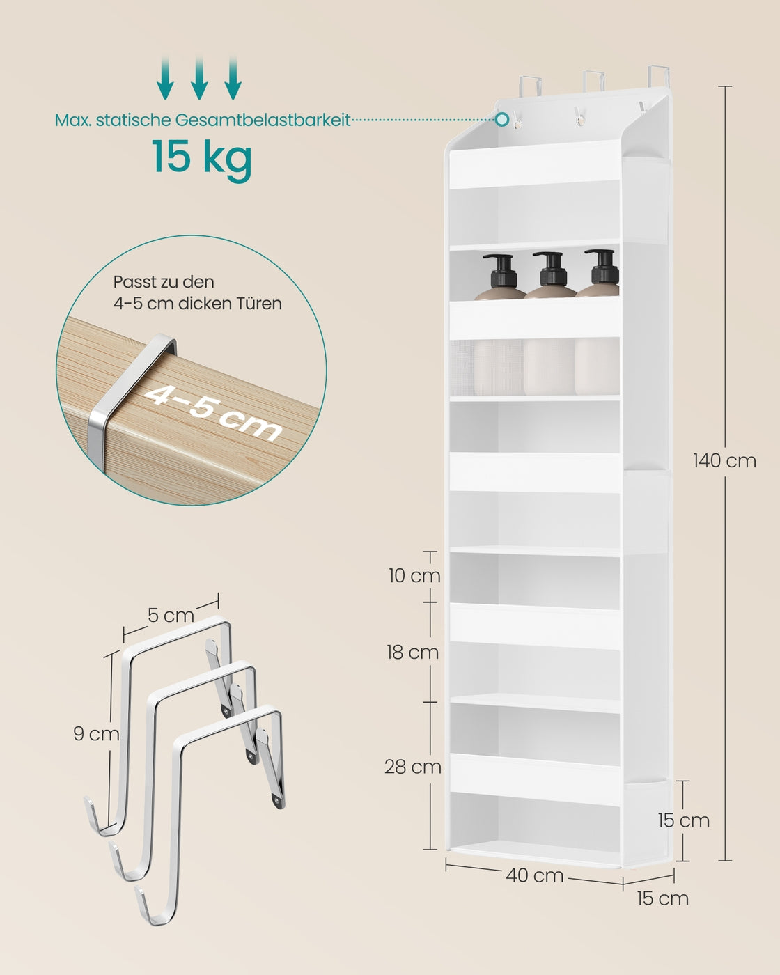 Deurorganizer - 15 x 40 x 140 cm - opvouwbaar - 5 vakken - transparant - wolkenwit - maximum belasting 15 kg - set van 2
