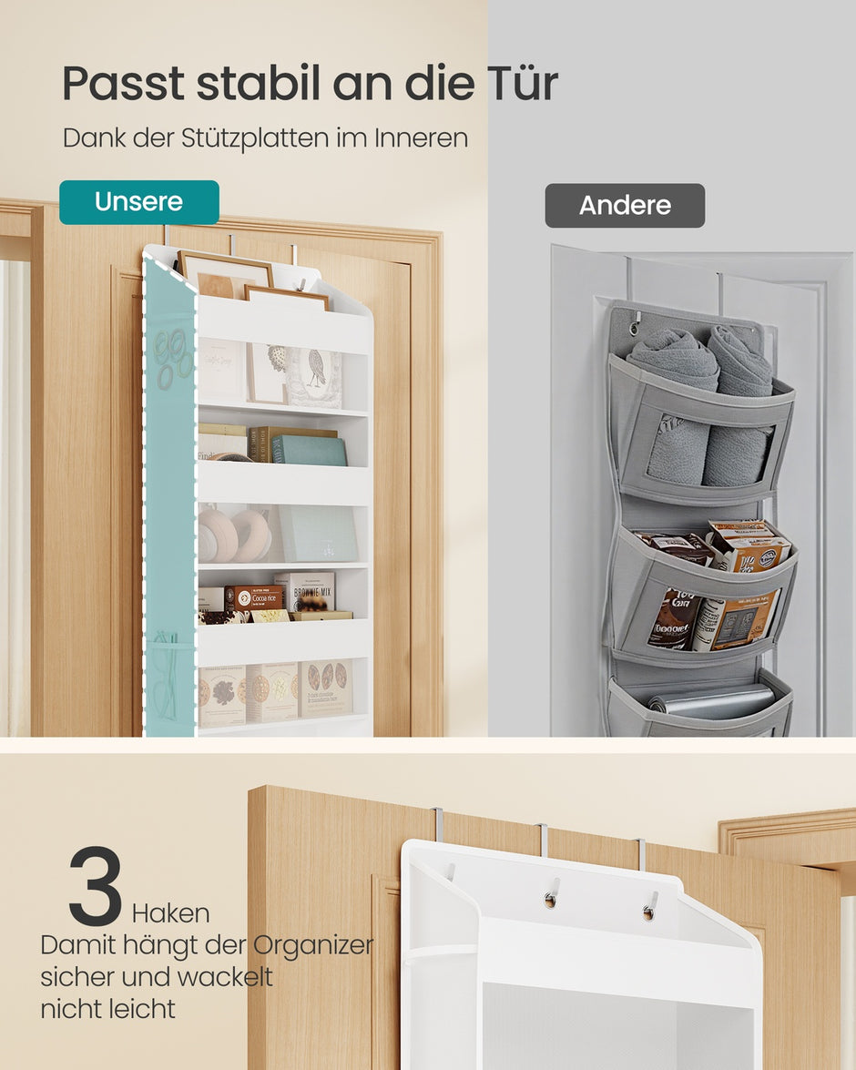 Deurorganizer - 15 x 40 x 140 cm - opvouwbaar - 5 vakken - transparant - wolkenwit - maximum belasting 15 kg - set van 2
