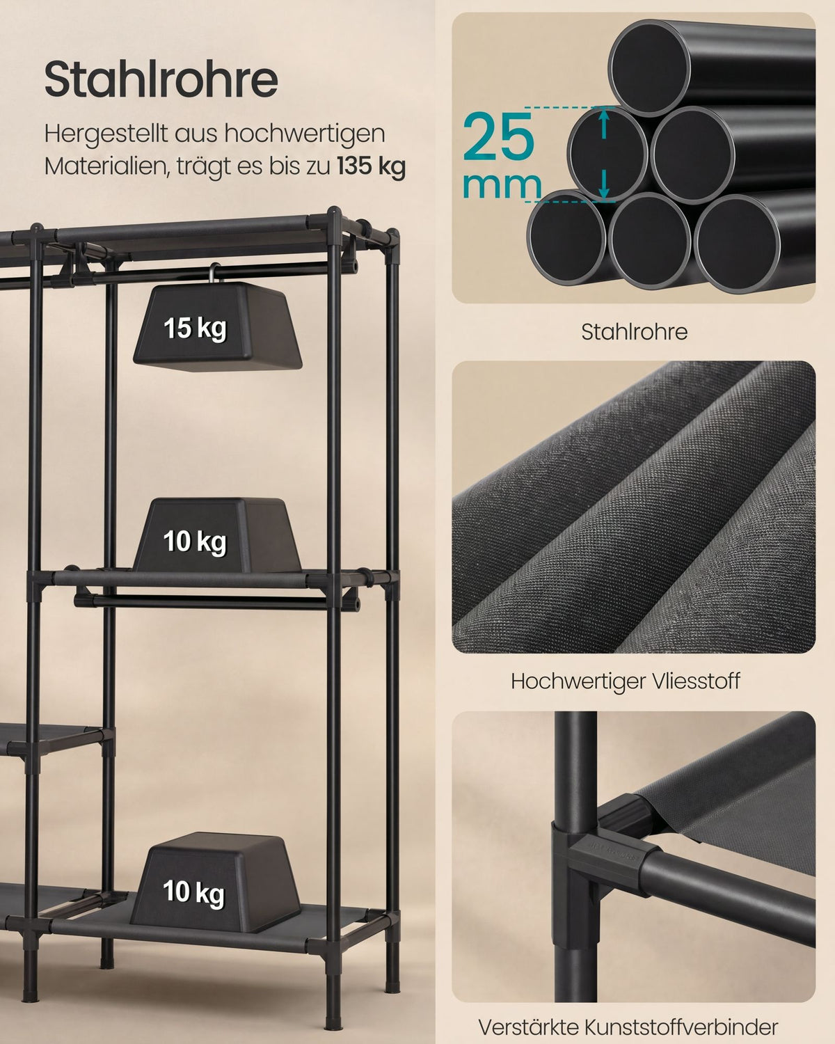 Open Kledingkast – 5 Hangvakken en Hangstang – 228 cm Breed – Zwart