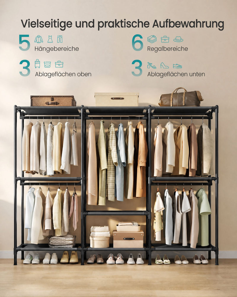 Open Kledingkast – 5 Hangvakken en Hangstang – 228 cm Breed – Zwart