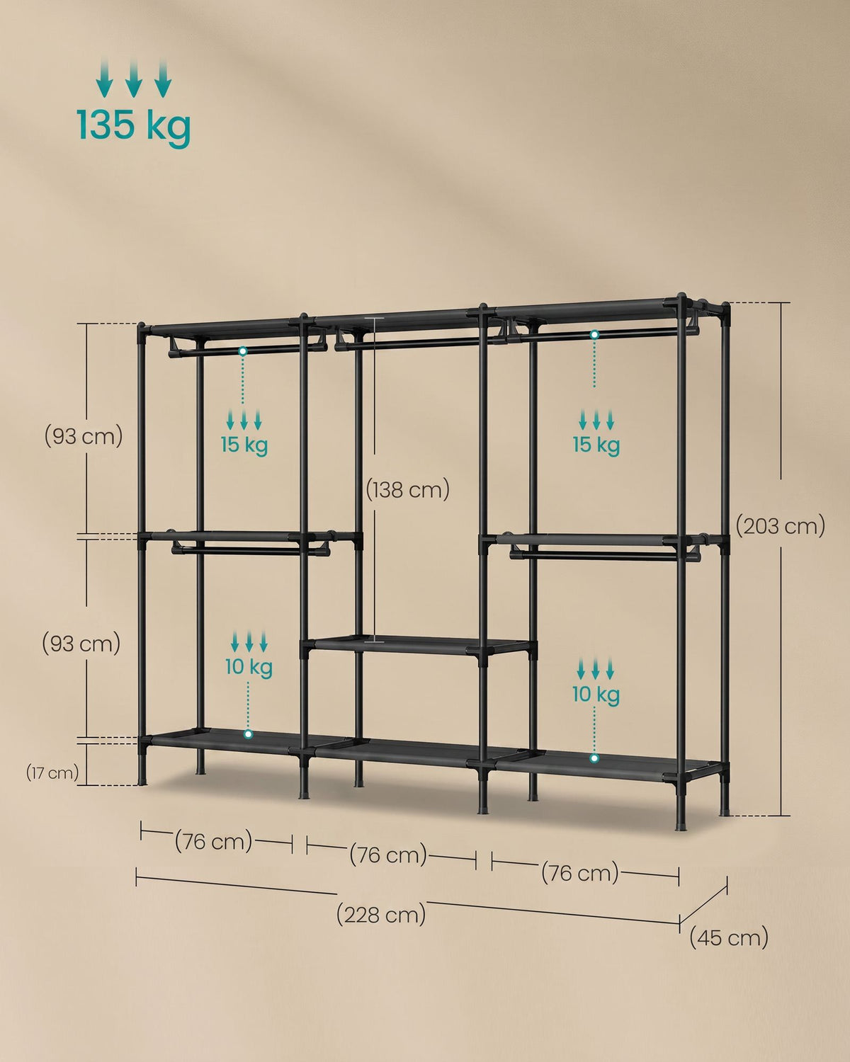 Open Kledingkast – 5 Hangvakken en Hangstang – 228 cm Breed – Zwart