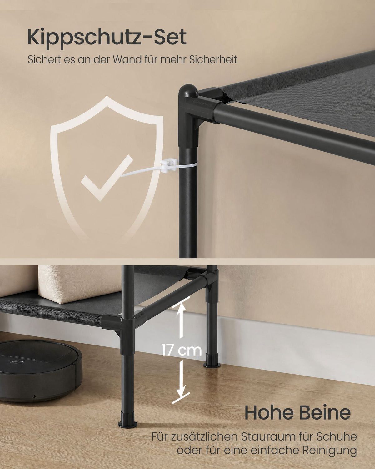 Open Kledingkast – 5 Hangvakken en Hangstang – 228 cm Breed – Zwart