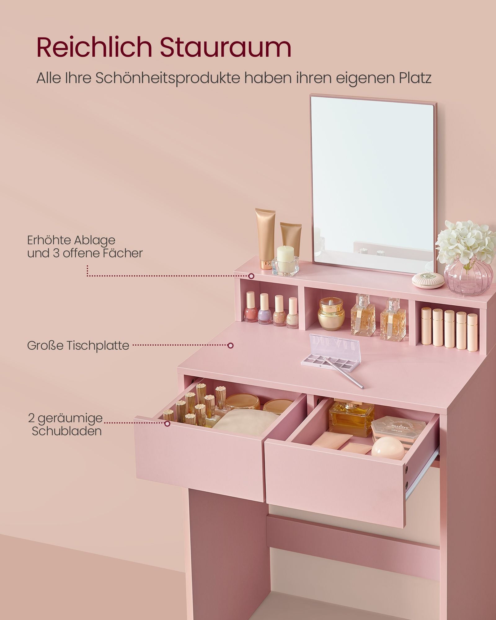 Kaptafel Met Spiegel En 2 Lades Pastelroze