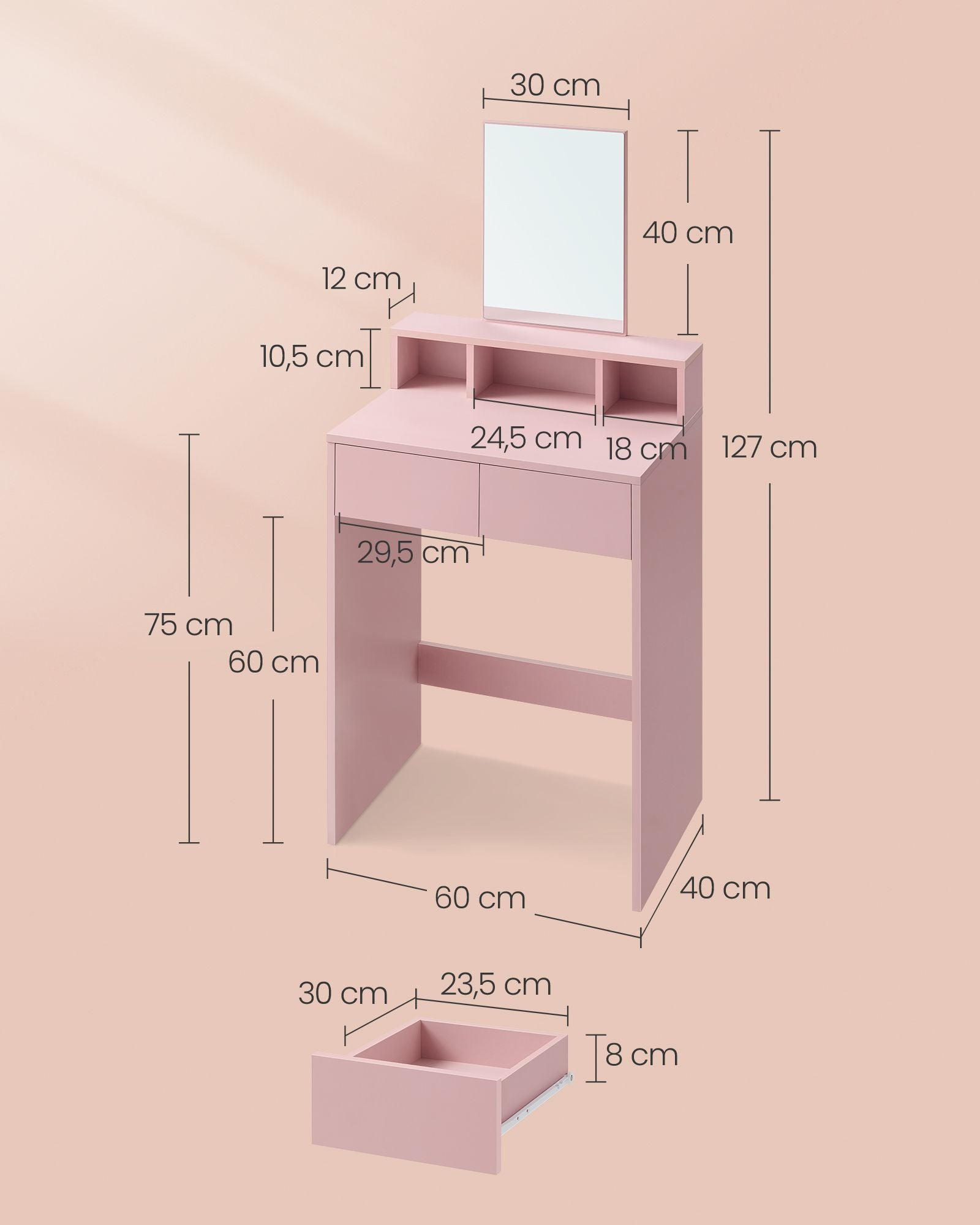 Kaptafel Met Spiegel En 2 Lades Pastelroze