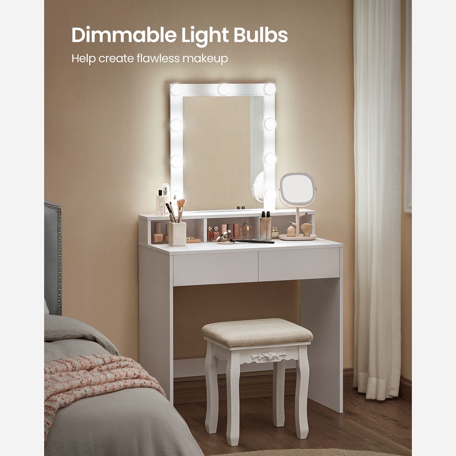 Kaptafel - Make-up tafel met spiegel en dimbare gloeilampen - 2 lades - Wit
