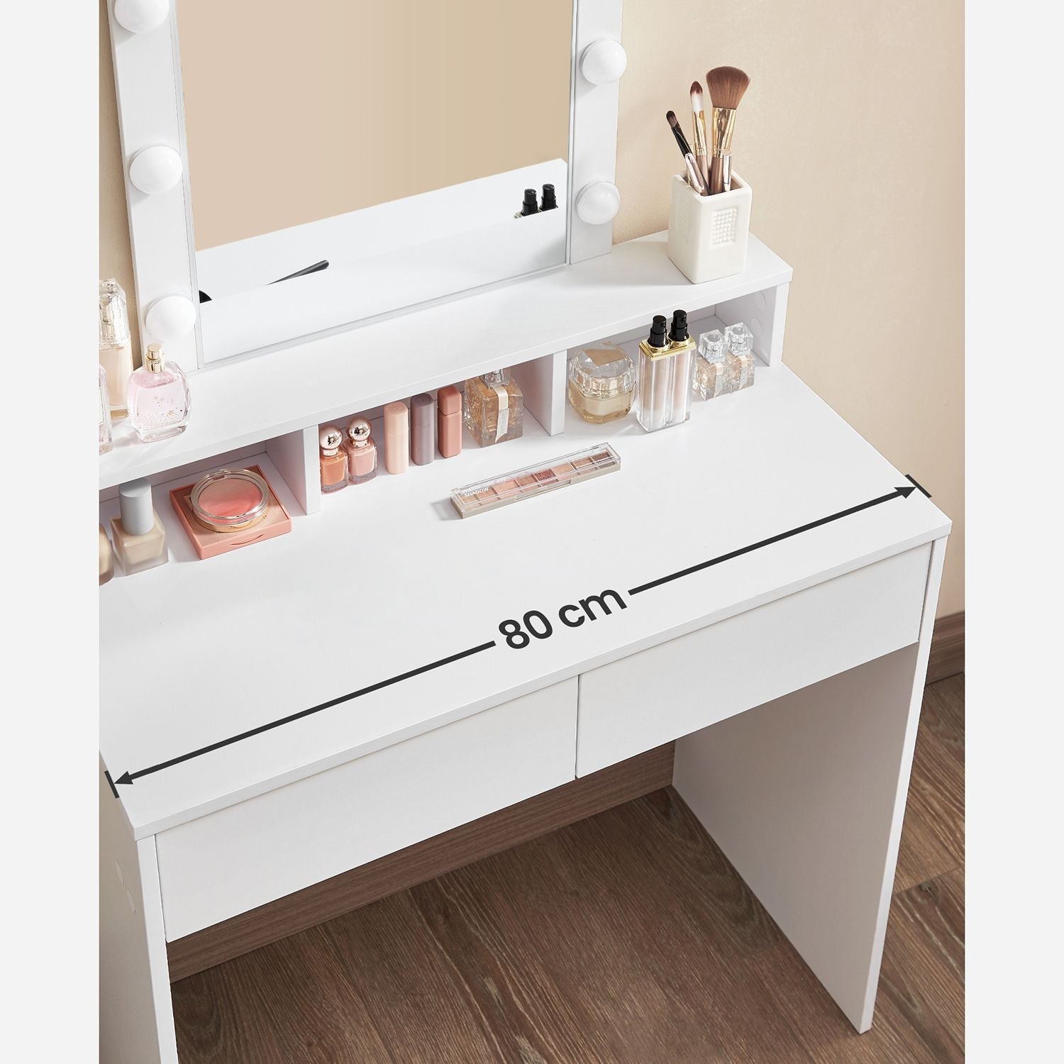Kaptafel - Make-up tafel met spiegel en dimbare gloeilampen - 2 lades - Wit