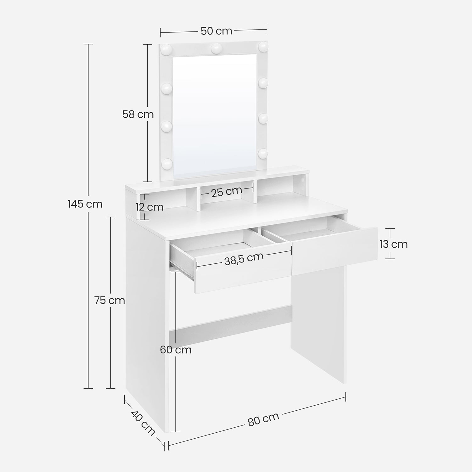 Kaptafel - Make-up tafel met spiegel en dimbare gloeilampen - 2 lades - Wit