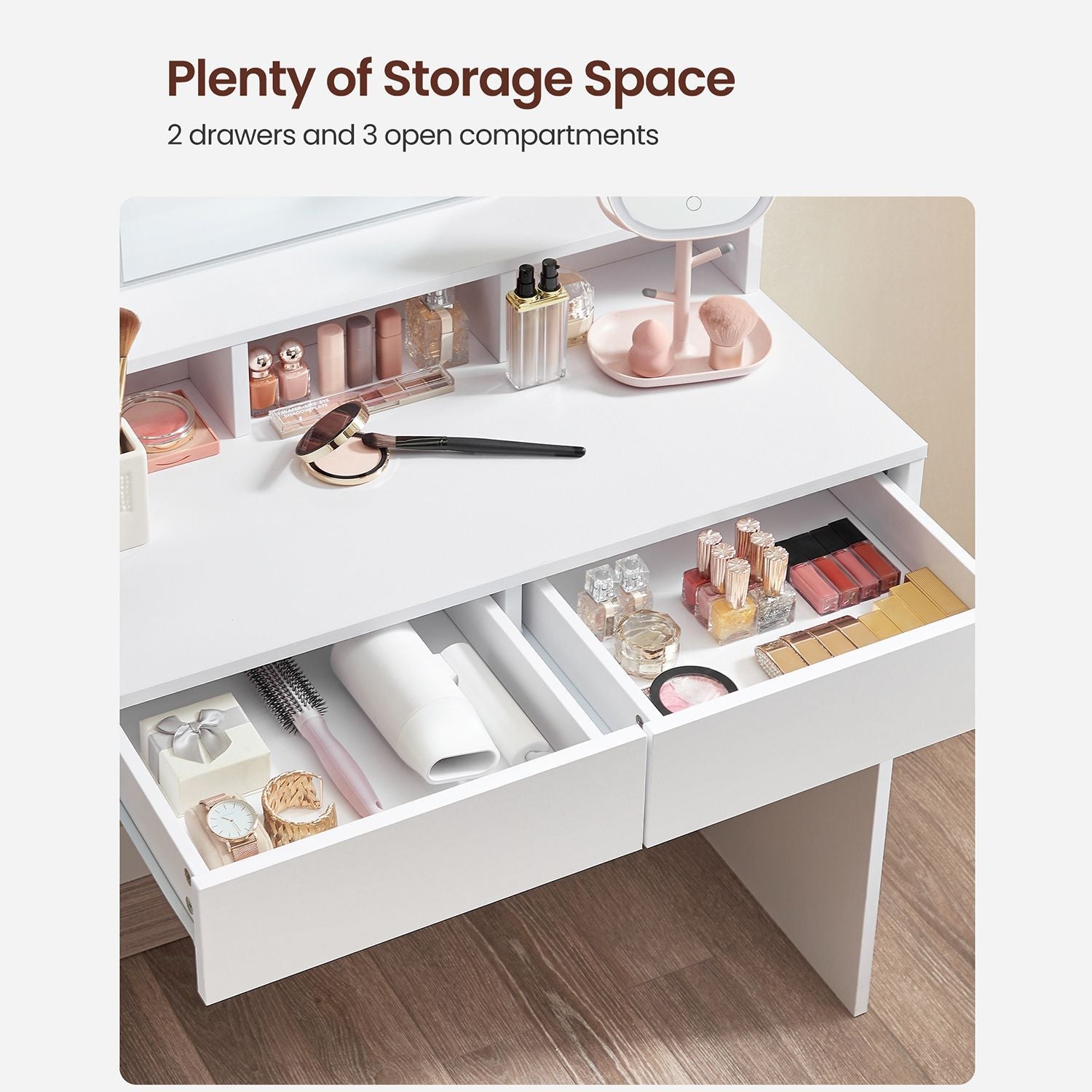 Kaptafel - Make-up tafel met spiegel en dimbare gloeilampen - 2 lades - Wit