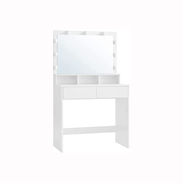 Kaptafel – 9 dimbare lampen – 2 lades en 3 open vakken – Wit – Met spiegel