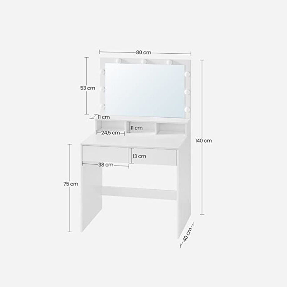 Kaptafel – 9 dimbare lampen – 2 lades en 3 open vakken – Wit – Met spiegel