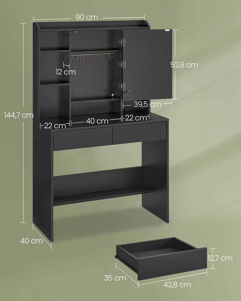 Kaptafel – LED verlichting en spiegel – 2 lades – Zwart