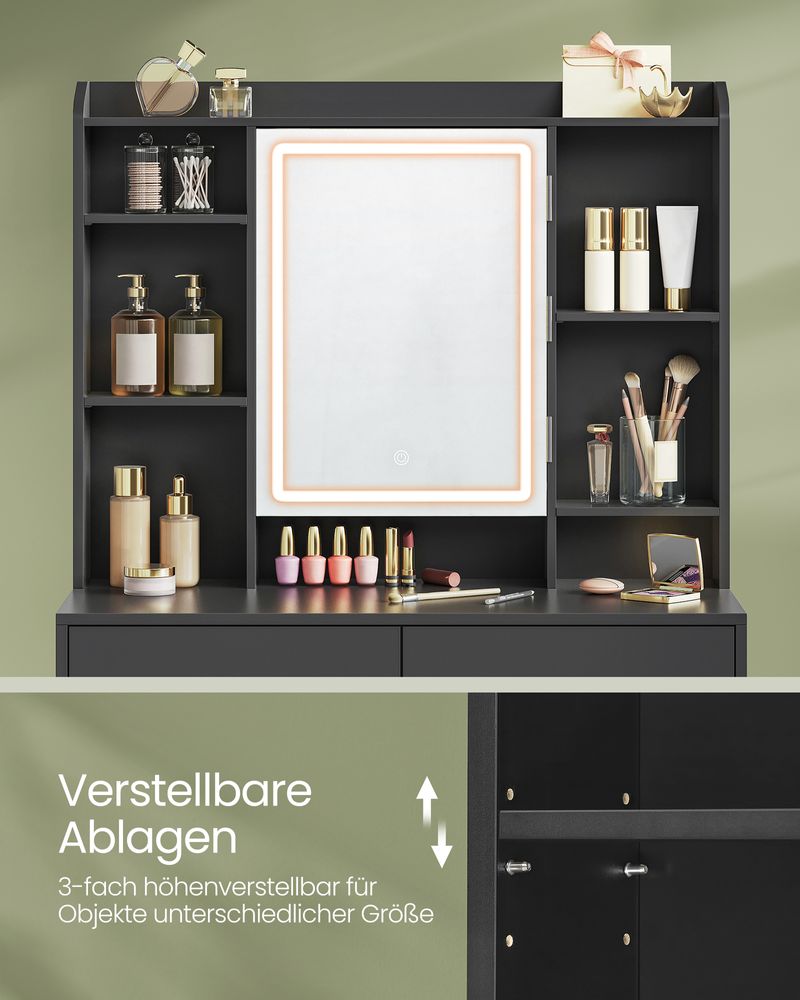 Kaptafel – LED verlichting en spiegel – 2 lades – Zwart