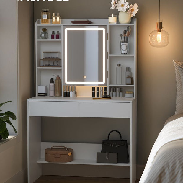 Kaptafel – Make-up Tafel – Wit – LED-verlichting met dimfunctie en 3 kleuren – Met spiegel – 2 lades